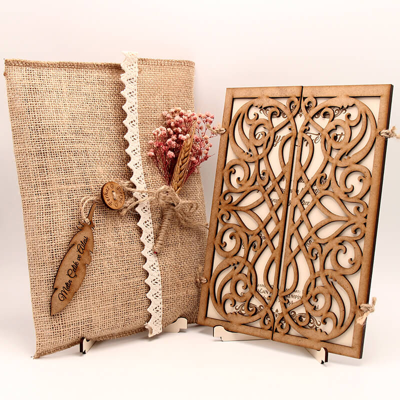 Ahşap Düğün Davetiyesi AHD-3018 | Karışık Desenli Ahşap Davetiye